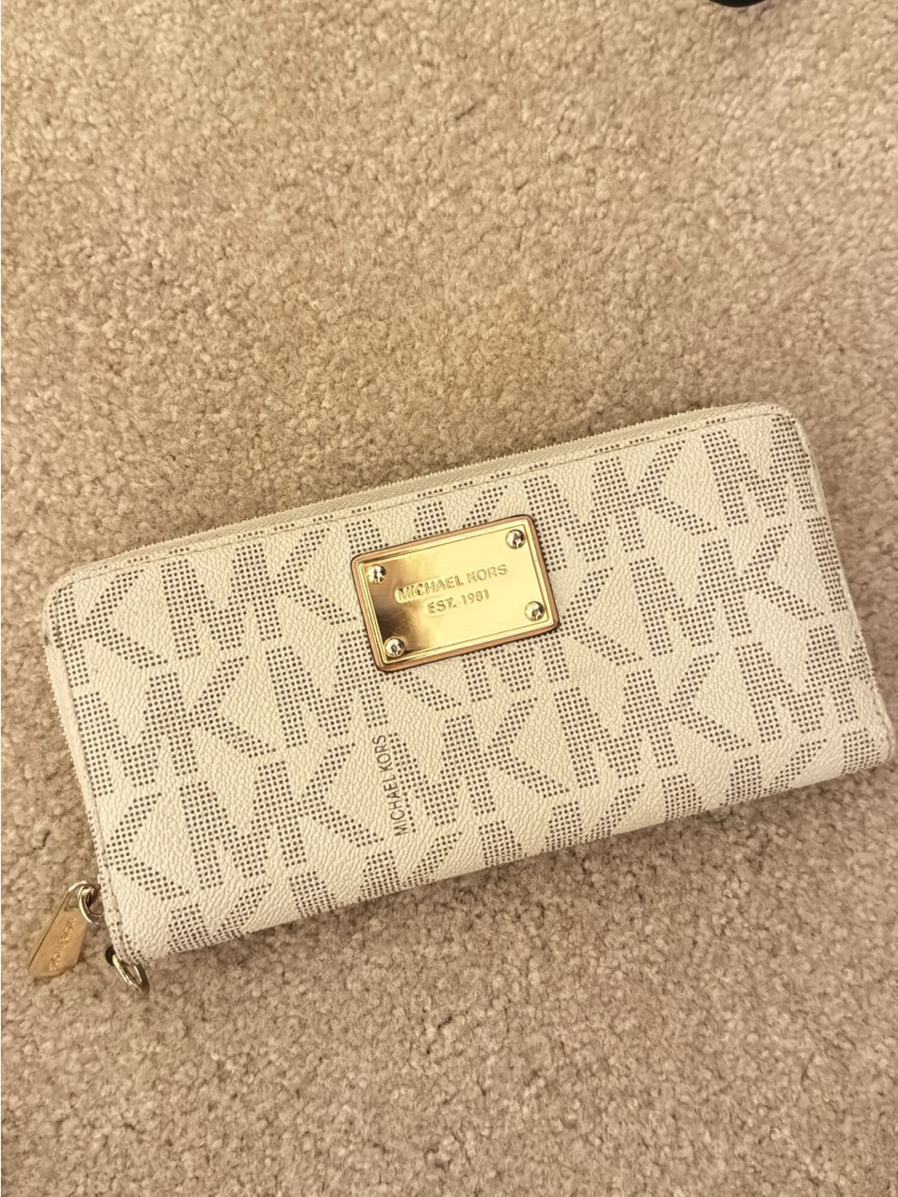 Michael Kors Cream Logo Zip Wallet with Gold Plaque